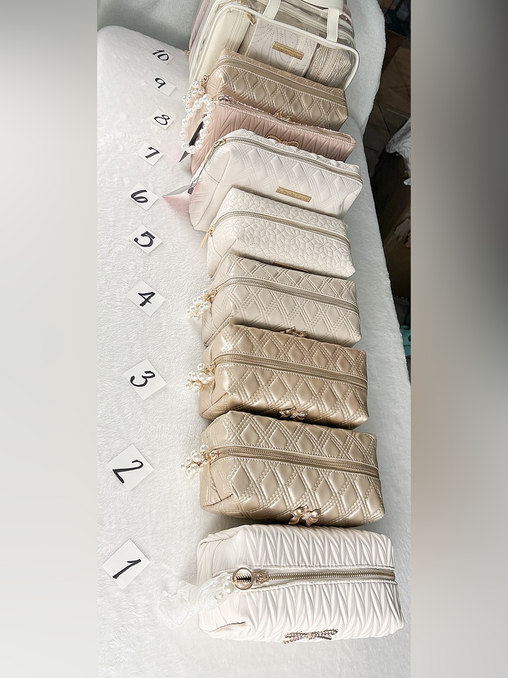 NWT! Vince Camuto Quilted Metallic Gold&Pearl Cosmetic Pouch Sets VARIOUS SIZES